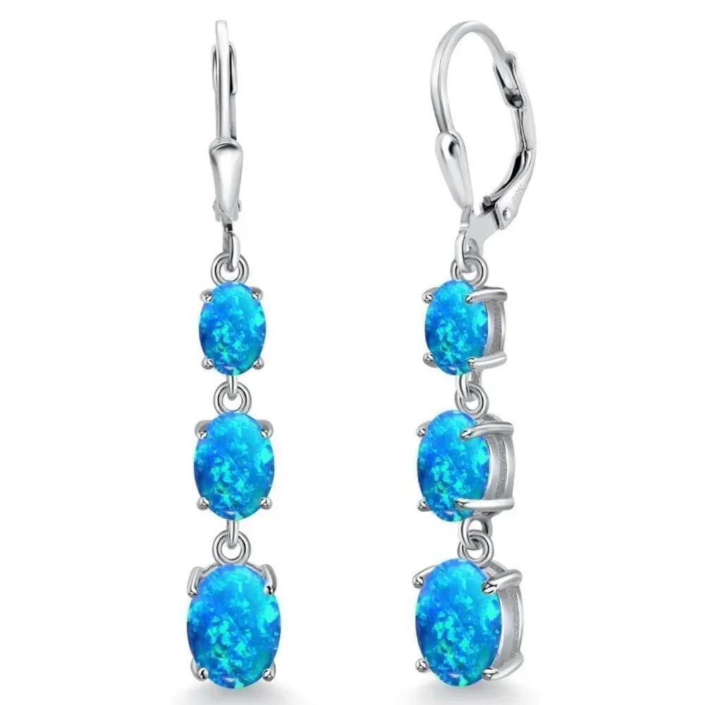 925 Sterling Silver with 4.38 Cttw 3 Stone Blue Opal Leverback Drop Earrings